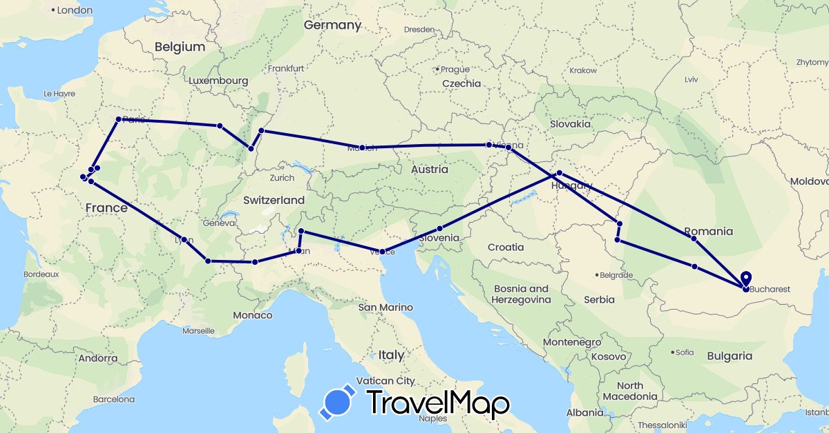 TravelMap itinerary: driving in Austria, Germany, France, Hungary, Italy, Romania, Slovenia, Slovakia (Europe)